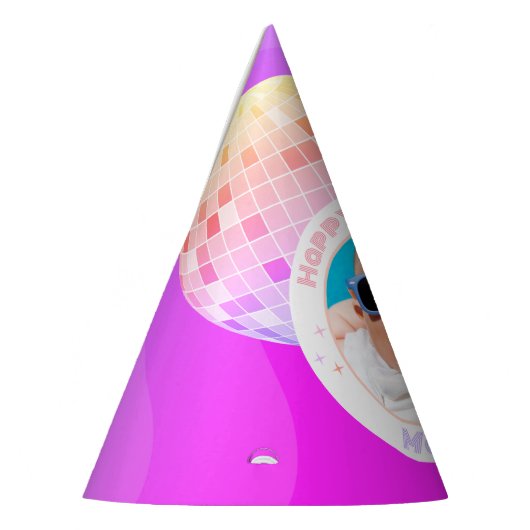 Retro Funky 90s Disco Ball Happy Birthday Foto Partyhütchen (Links)