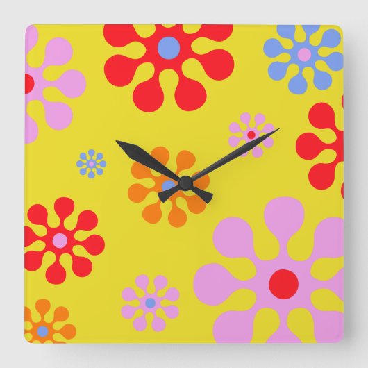 Retro Funky Blume Muster Gelbe Wall Uhr (Vorderseite)
