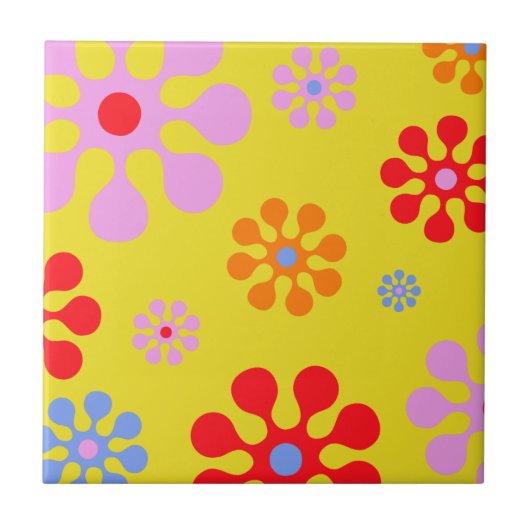Retro Funky Blume Muster Gelbes Trivet Fliese (Vorderseite)