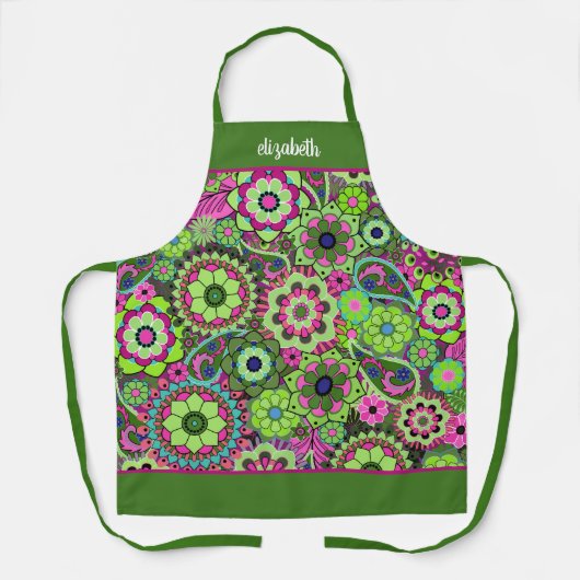 Retro Funky Blume - Rosa Grün mit Skriptname Schürze (Vorderseite)