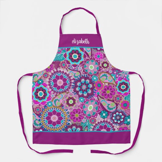 Retro Funky Blume - Rosa Lila mit Skriptname Schürze (Vorderseite)