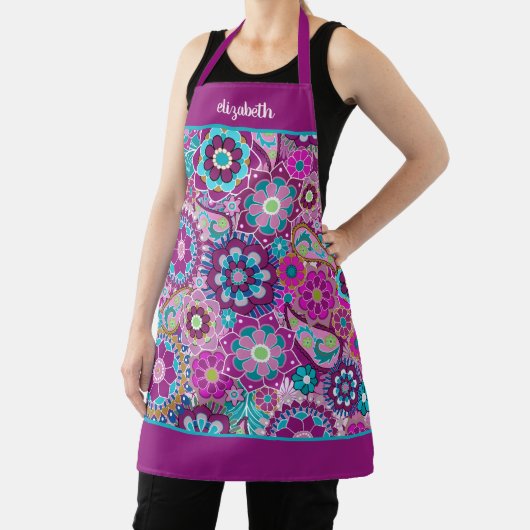 Retro Funky Blume - Rosa Lila mit Skriptname Schürze (InSitu)