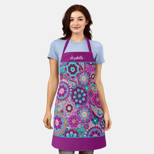 Retro Funky Blume - Rosa Lila mit Skriptname Schürze (Getragen)