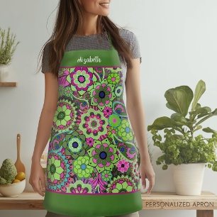 Retro Funky Flowers - Pink Grün mit Skriptname Schürze