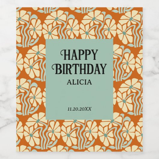 Retro Funky Groovy Boho Botanical Birthday  Weinetikett (Einzelnes Label)
