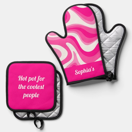Retro Funky Hot Pink Ofenhandschuh & Topflappen-Set (Vorderseite/Rückseite)