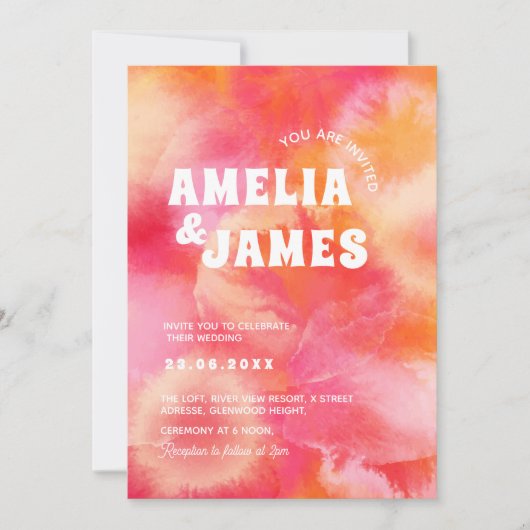 Retro Funky Moderne rosa orange Hochzeit Einladung (Vorderseite)