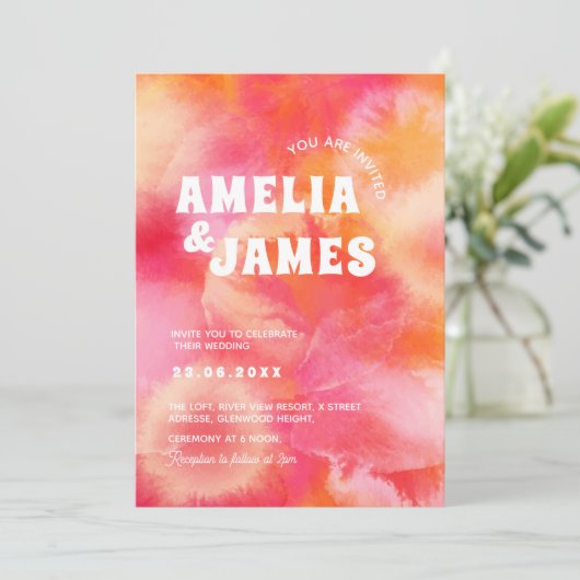 Retro Funky Moderne rosa orange Hochzeit Einladung (Stehend Vorderseite)