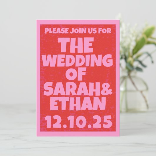 Retro Funky Pink Green Wedding Einladung (Stehend Vorderseite)