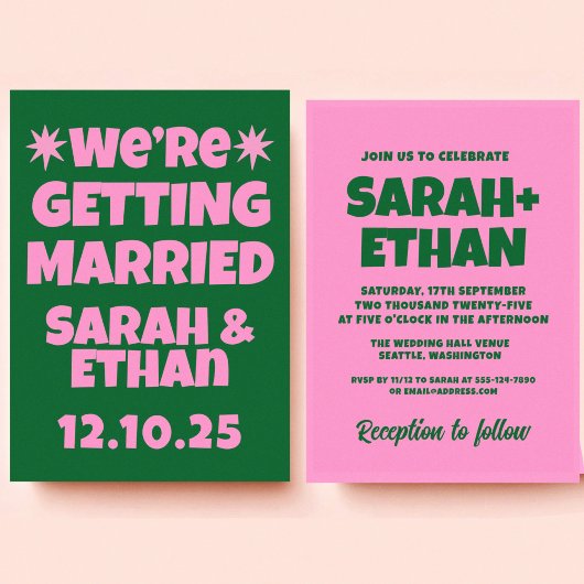 Retro Funky Pink Green Wedding Einladung