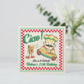 Retro Funky Pizza Box Italienischer Koch Geburtsta Einladung (Stehend Vorderseite)