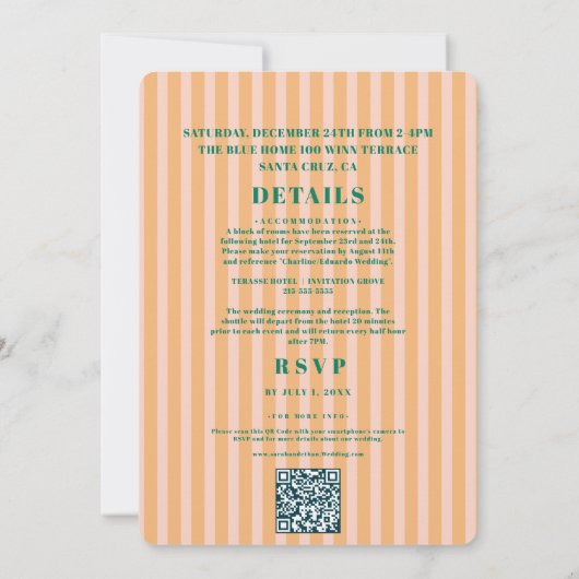 Retro Funky Striped Green Yellow Wedding Einladung (Rückseite)