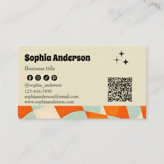 Retro Funky Wavy Muster mit QR Code Visitenkarte (Rückseite)