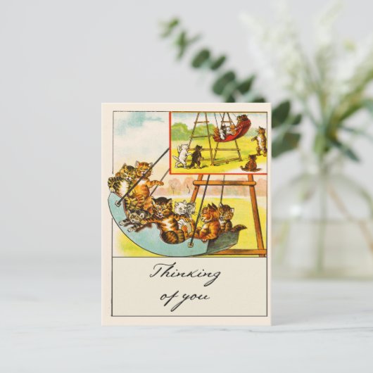 Retro Funny Cats Playing on Swing Thinking Postkarte (Stehend Vorderseite)