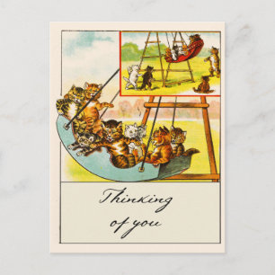 Retro Funny Cats Playing on Swing Thinking Postkarte