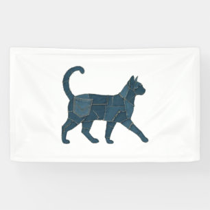 Retro Funny Denim Patch Animal Cat T - Shirt Banner