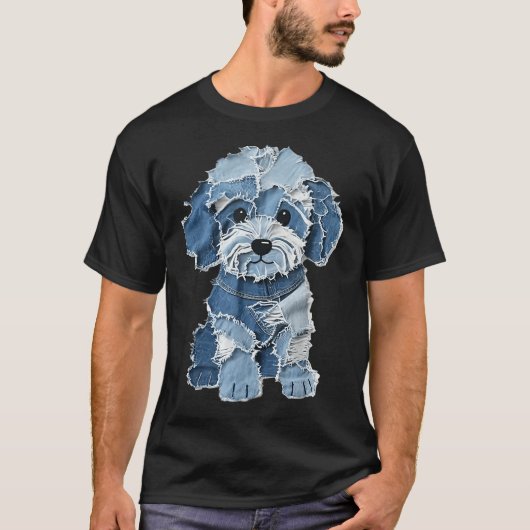 Retro Funny Denim Patch Animal Dog Print  T-Shirt (Vorderseite)