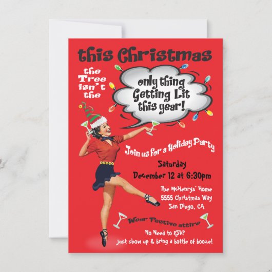 Retro Funny Getting Lit Christmas Cocktail Party Einladung (Vorderseite)