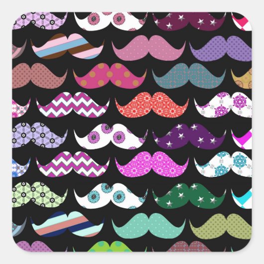 Retro Funny Girly Mustache Mustache Muster Quadratischer Aufkleber (Vorderseite)