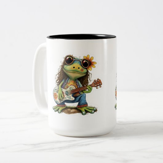 Retro Funny Hippie Frog Weber Glass Piano Zweifarbige Tasse (Vorderseite Links)