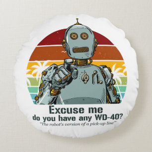 Retro funny robot needs oiling rundes kissen