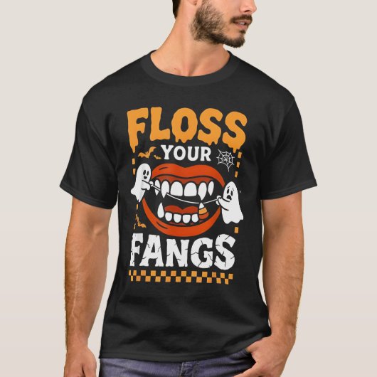 Retro Funny Teeth Floss Your Fangs Dentist Spooky T-Shirt (Vorderseite)
