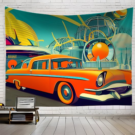Retro Futuristic Automotive Art Orange Wandteppich