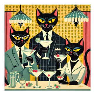 Retro Futuristic Black Cat Martini Club Fotodruck