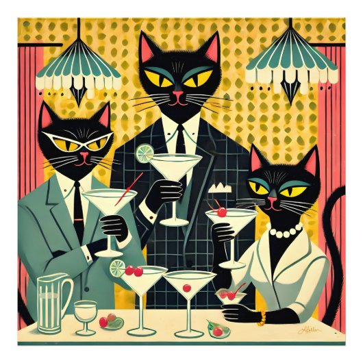 Retro Futuristic Black Cat Martini Club Fotodruck (Vorne)