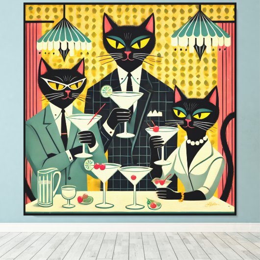 Retro Futuristic Black Cat Martini Club Leinwanddruck (Insitu (Holzboden))