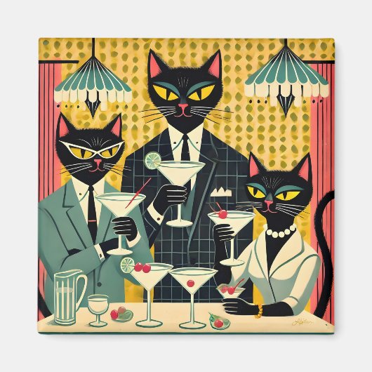 Retro Futuristic Black Cat Martini Club Magnet (Vorne)