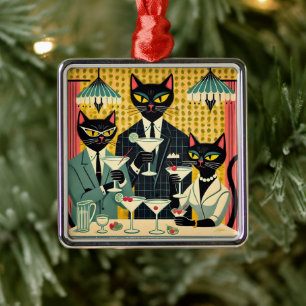 Retro Futuristic Black Cat Martini Club Ornament Aus Metall