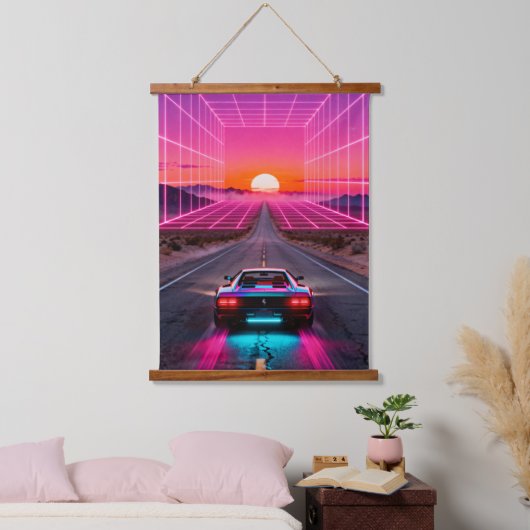 Retro Futuristic Car Sunset Wall Art Print - Neon Wandteppich Mit Holzrahmen (Schlafzimmer)