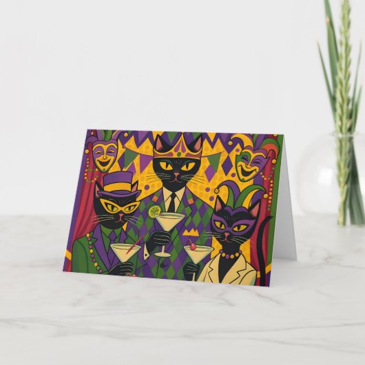 Retro Futuristic Mardi Gras Black Cat Martini Club Karte (Vorderseite)