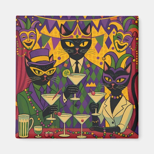 Retro Futuristic Mardi Gras Black Cat Martini Club Magnet (Vorne)