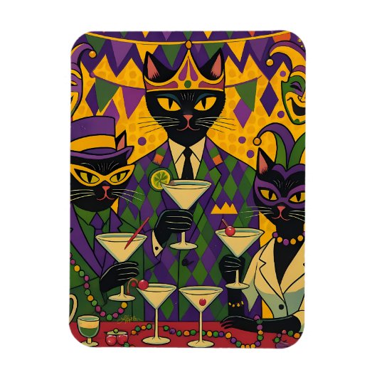 Retro Futuristic Mardi Gras Black Cat Martini Club Magnet (Vertikal)