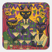 Retro Futuristic Mardi Gras Black Cat Martini Club Quadratischer Aufkleber (Vorderseite)