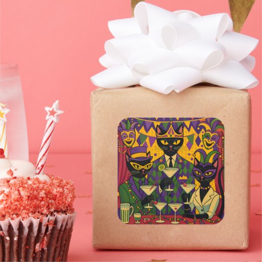 Retro Futuristic Mardi Gras Black Cat Martini Club Quadratischer Aufkleber (Party)