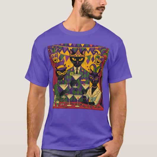 Retro Futuristic Mardi Gras Black Cat Martini Club T-Shirt (Vorderseite)