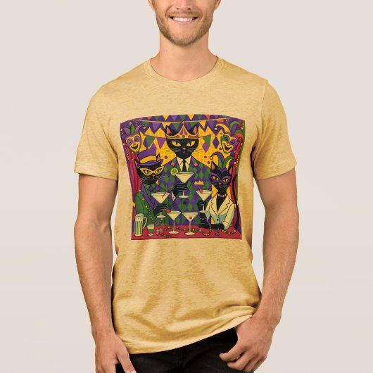 Retro Futuristic Mardi Gras Black Cat Martini Club Tri-Blend Shirt (Vorderseite)