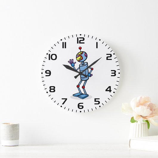 Retro Futuristic Robot Character Waving Große Wanduhr