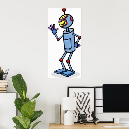 Retro Futuristic Robot Character Waving Poster (Heimbüro)