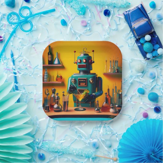 Retro Futuristic Robot ROBIA 12J2 Mixologe Pappteller (Party)