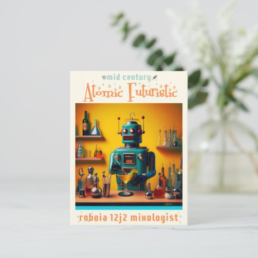 Retro Futuristic Robot ROBIA 12J2 Mixologe Postkarte (Stehend Vorderseite)