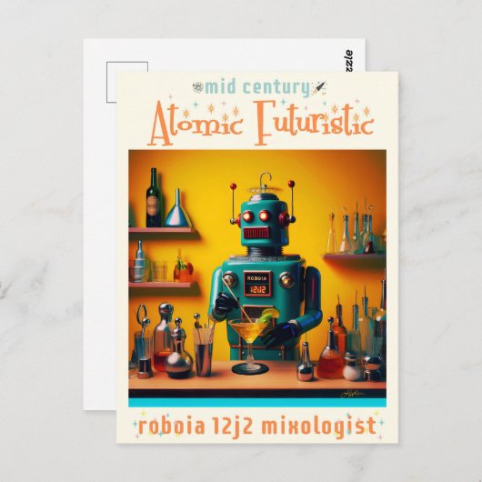 Retro Futuristic Robot ROBIA 12J2 Mixologe Postkarte (Vorne/Hinten)