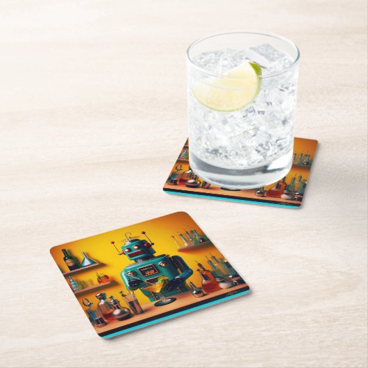 Retro Futuristic Robot ROBIA 12J2 Mixologe Rechteckiger Pappuntersetzer (Vor Ort)