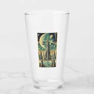 Retro-futuristische Alien-Stadt-Postkarten-Kunst Glas