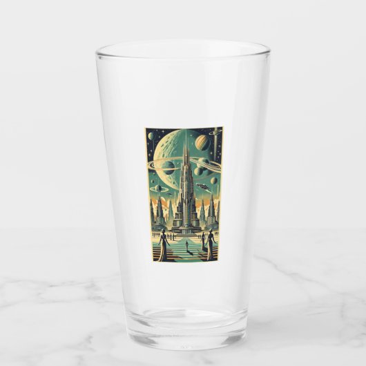 Retro-futuristische Alien-Stadt-Postkarten-Kunst Glas (Vorderseite)