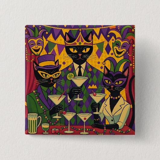 Retro-futuristische Mardi-Gras-Black-Cat-Martini-C Button (Vorderseite)