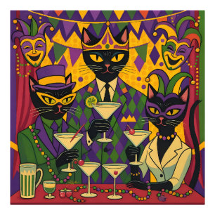 Retro-futuristische Mardi-Gras-Black-Cat-Martini-C Fotodruck